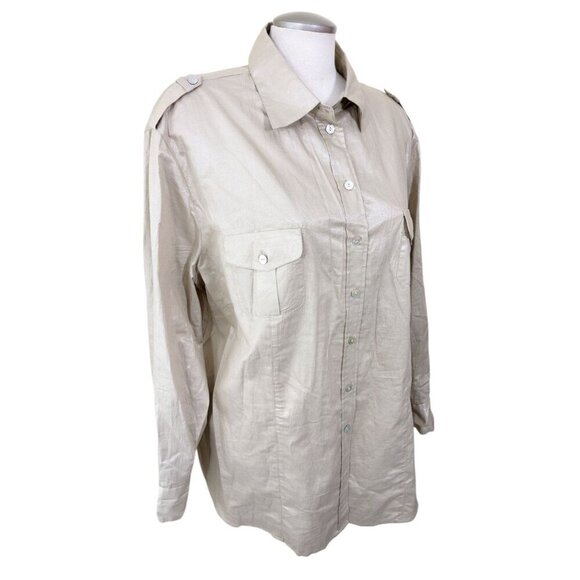 TanJay Womens Plus 20W Button Up Shirt Beige Shimmer Wet Look Pockets Epaulettes - Picture 3 of 8